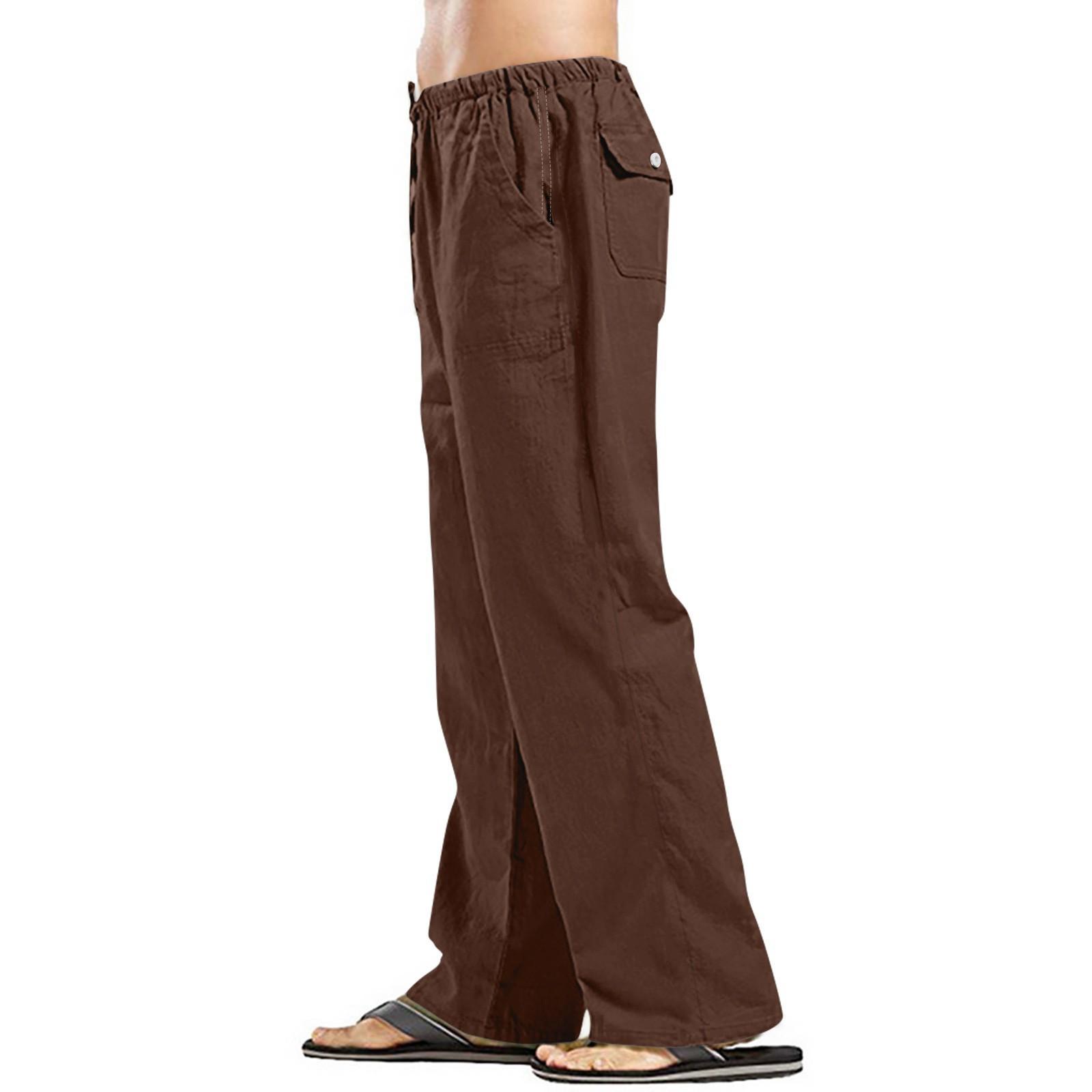 

Мужские хлопковые льняные брюки, однотонные брюки, повседневные брюки, легкие свободные пляжные летние брюки S коричневый