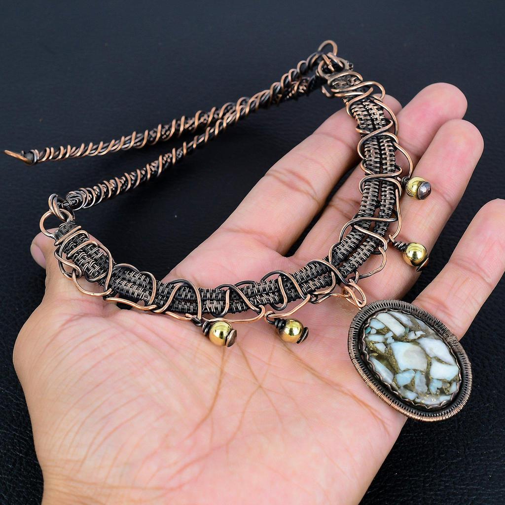 Copper Larimar 999 Copper Wire Wrapped Necklace, Handmade Gemstone Jewelry Necklace For Thanksgiving