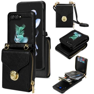 Crossbody Zipper Wallet Case for Samsung Z Flip 5 Flip 4 Flip 3 Fashion Metal Buckle Shoulder Strap Card Holder Pocket Phone Cover For Z Flip 4