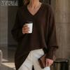 Damenmode, lässig, Herbst/Winter, einfarbig, bedruckt, langärmelig, V-Ausschnitt