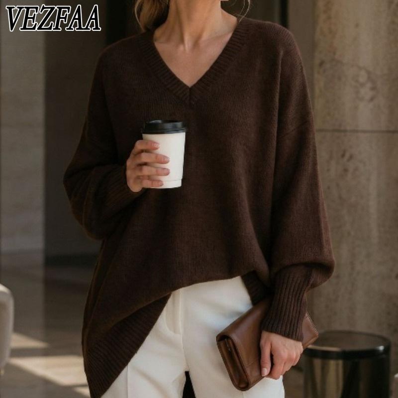VEZFAA Damenmode, lässig, Herbst/Winter, einfarbig, bedruckt, langärmelig, V-Ausschnitt