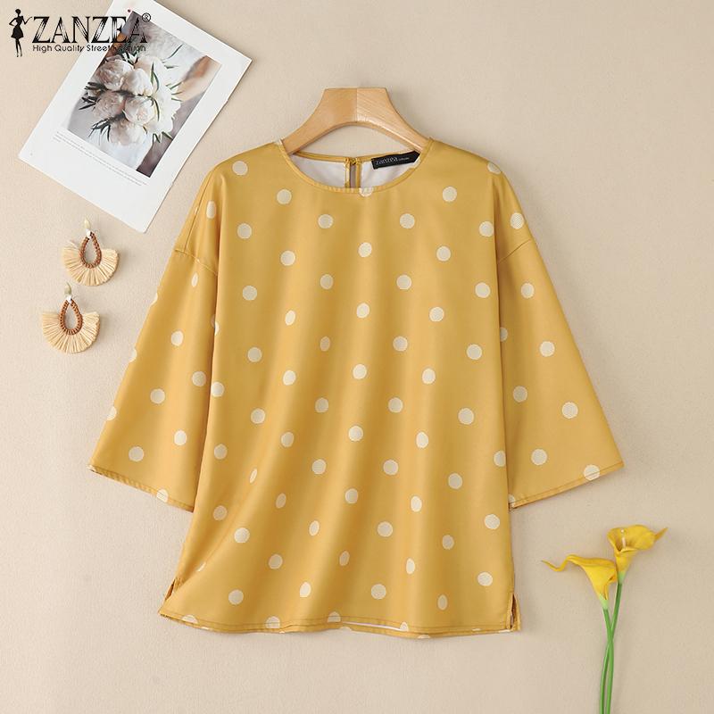 ZANZEA Women Casual Round Neck 3/4 Sleeve Loose Polka Dot Print Blouse