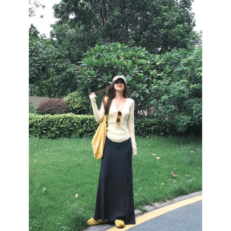 Lazy Temperament Slim and Thin Semi-open Neck Long-sleeved Knitted Sweater Women's Autumn Soft Waxy Versatile Sweater Base