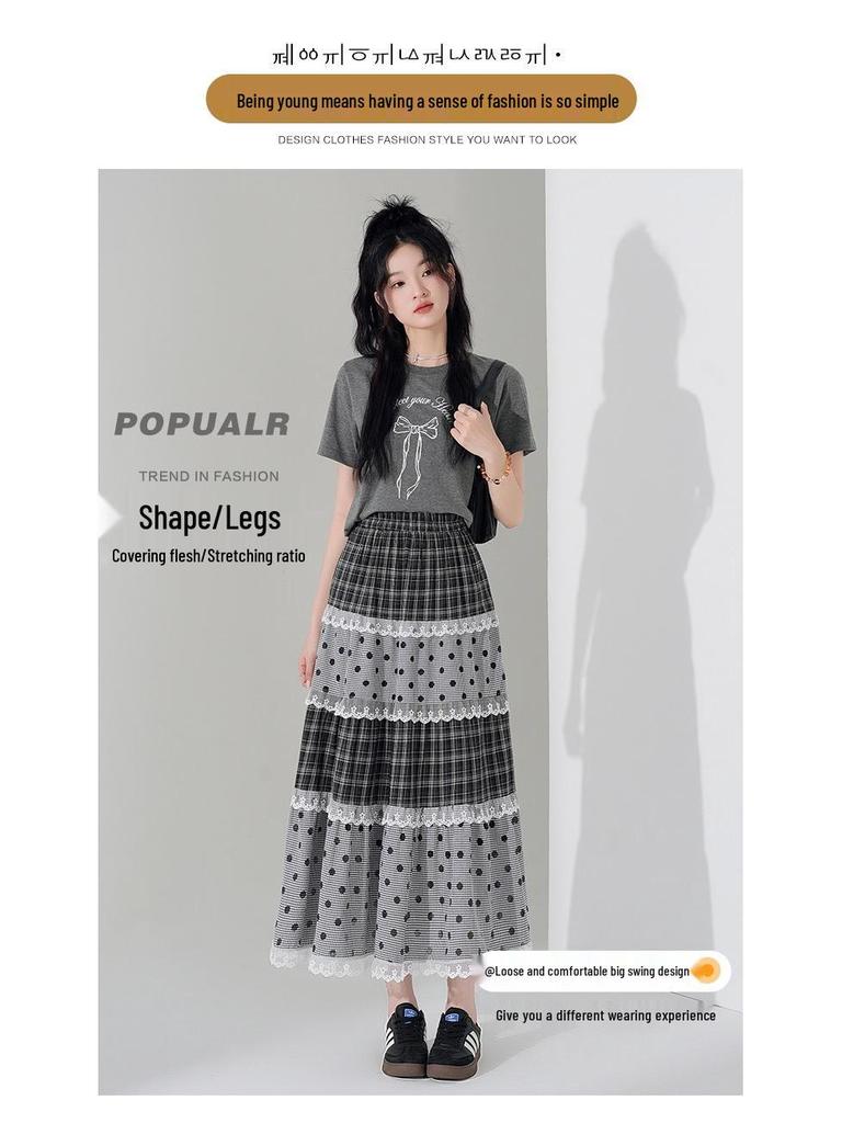 Jupe Midi en Dentelle à Pois Japonais: Ligne A, Étages, Doux, Style Collège pour la Garde-robe d'Été des Femmes