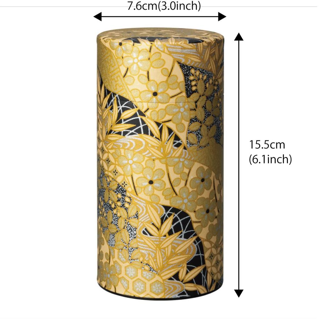 Noguchi Kumataro Tea Garden Tea Caddy, Large Capacity 200g, with Washi Paper Cover and Inner Lid, Golden Design, Made in Japan, Stylish