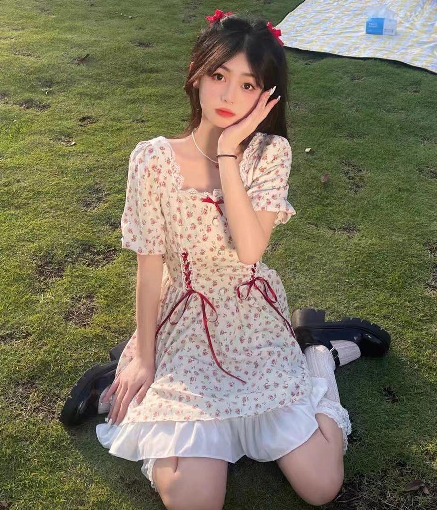 2026 Summer Floral Puff Sleeve Dress with Bow Tie & Lace Ruffle