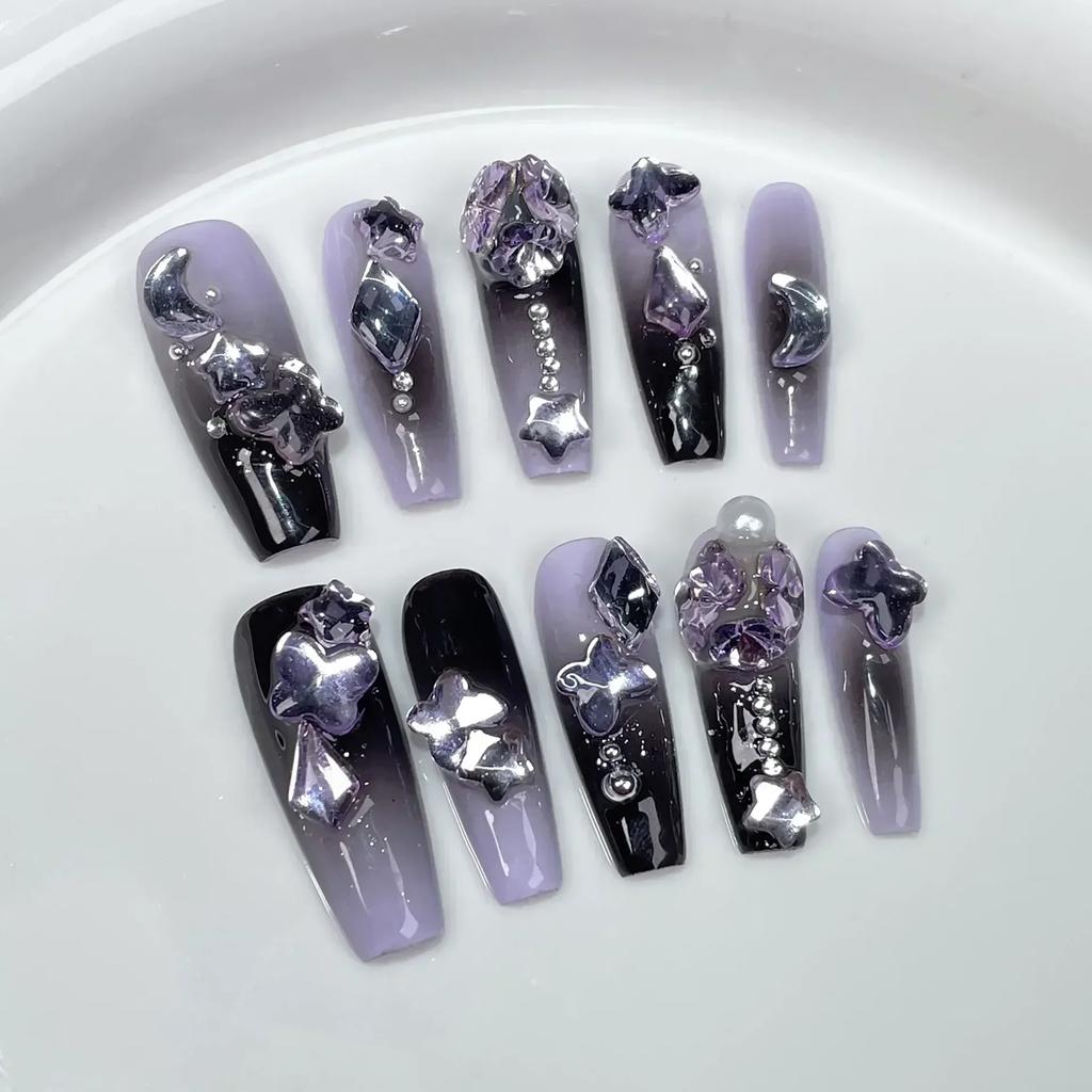 10pcs Y2K Black Pink Grid Press On Nails 3D Star Heart Halo Dyeing Coffin Shape Long Fake Nail Tips