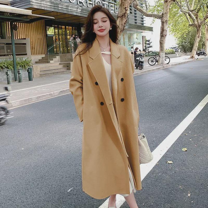 Women's Pink Woolen Mid-Length Loose-Fit Coat - 2023 Autumn/Winter Korean Hepburn Style