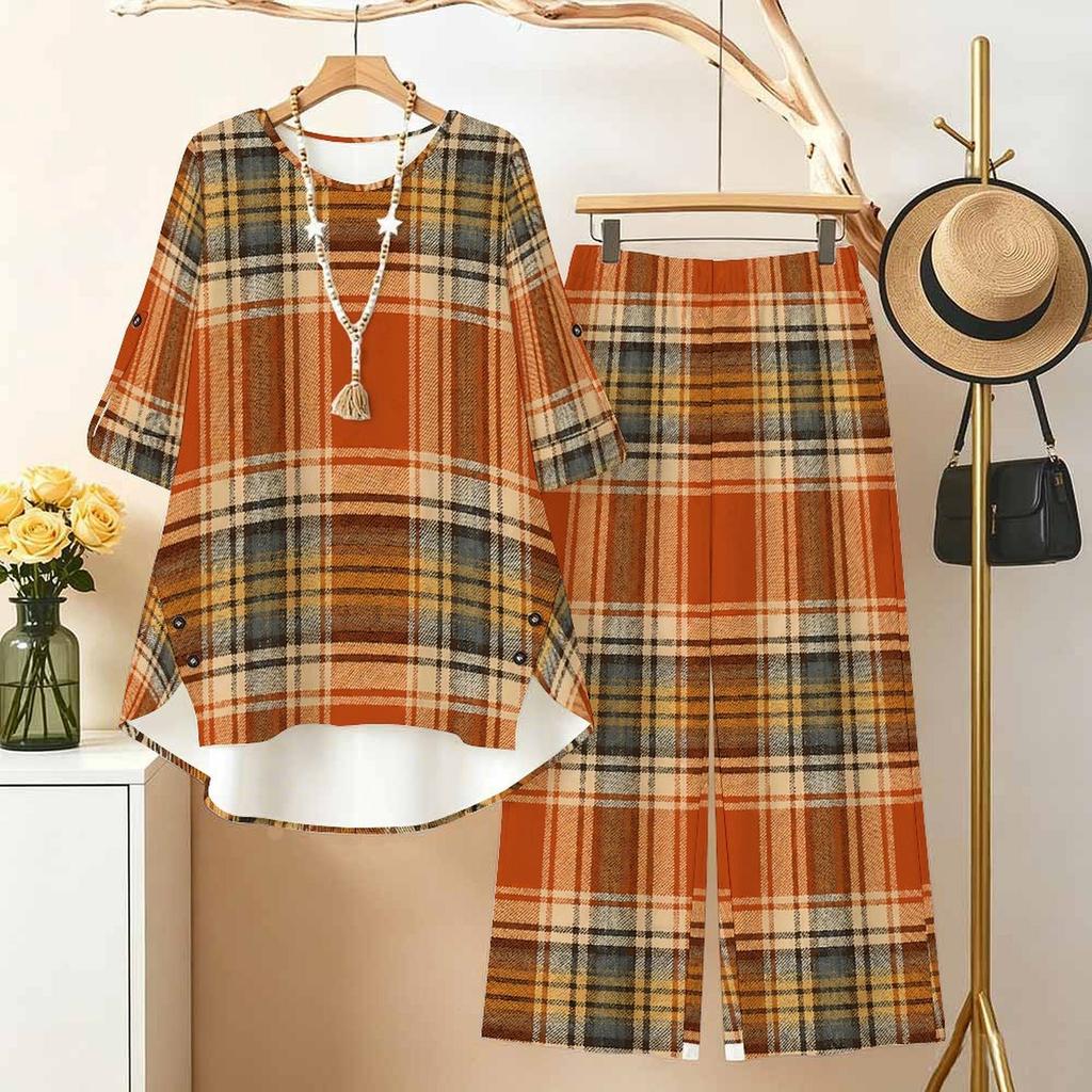Women Plus Size Printed Round Neck Mid Sleeve High Low Top Wide Leg Pants Two Piece Set