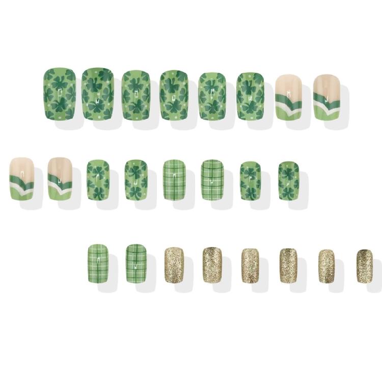 24Pcs Patrick's Day False Nail Green Shamrock Patterned Glitters Press on Nail for Adding Festival Charm to Any Outfit