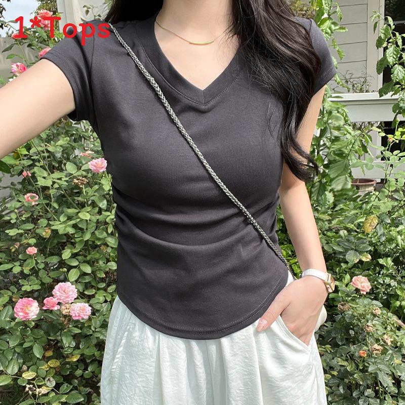 Plain Cotton Short Sleeve T Shirt With Pleated Detail For Casual Wear