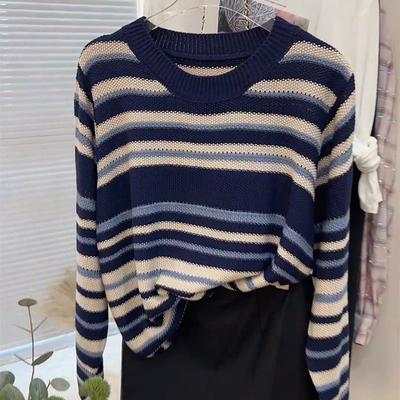 Damen Pullover 2025 Herbst Winter Langarm Rundhals Gestreifter Strickpullover Damen Oberteile Pullover JJ89