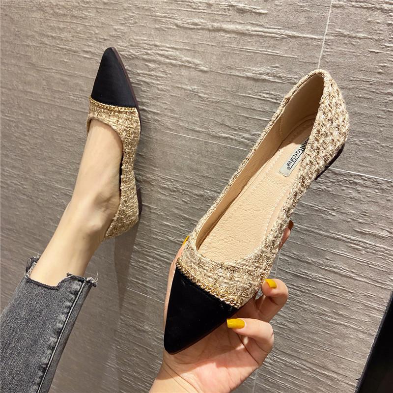 

2025 women s spring fashion new chain color matching flat-soled single shoes women s Korean version versatile pointed head shallow mouth soft bottom 39