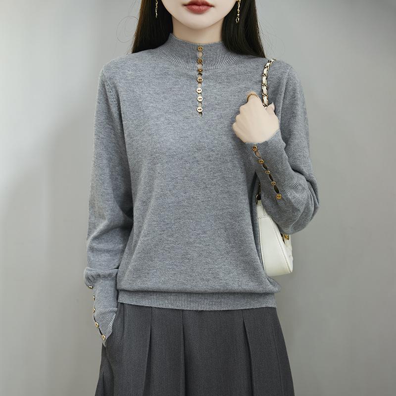 A Fashionable Semi-high Neck, Versatile Design Base Layer, Solid Color Loose and Warm Knitted Sweater for Women