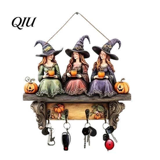 Decoración de Porche Exterior Halloween Entrada Colgador de Llaves con 4 Ganchos, Cartel de Madera Colgante, Estante de Decoración Interior para Montar en Pared para Llaves Bolsos y Correas,