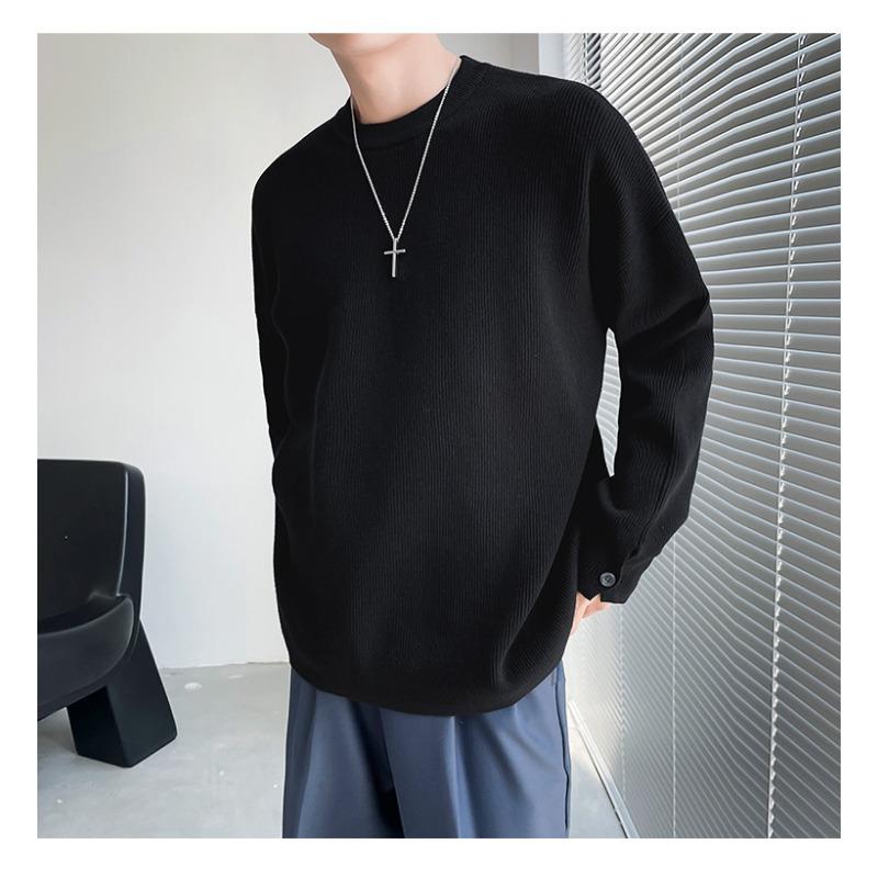 Men S Lazy Style Knit Sweater White Round Neck Long Sleeve Button Detail