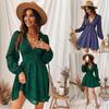 Women's Low-Cut A-Line Green Mini Dress with Long Sleeves - Sexy Party Wear for Spring & Autumn 2023.