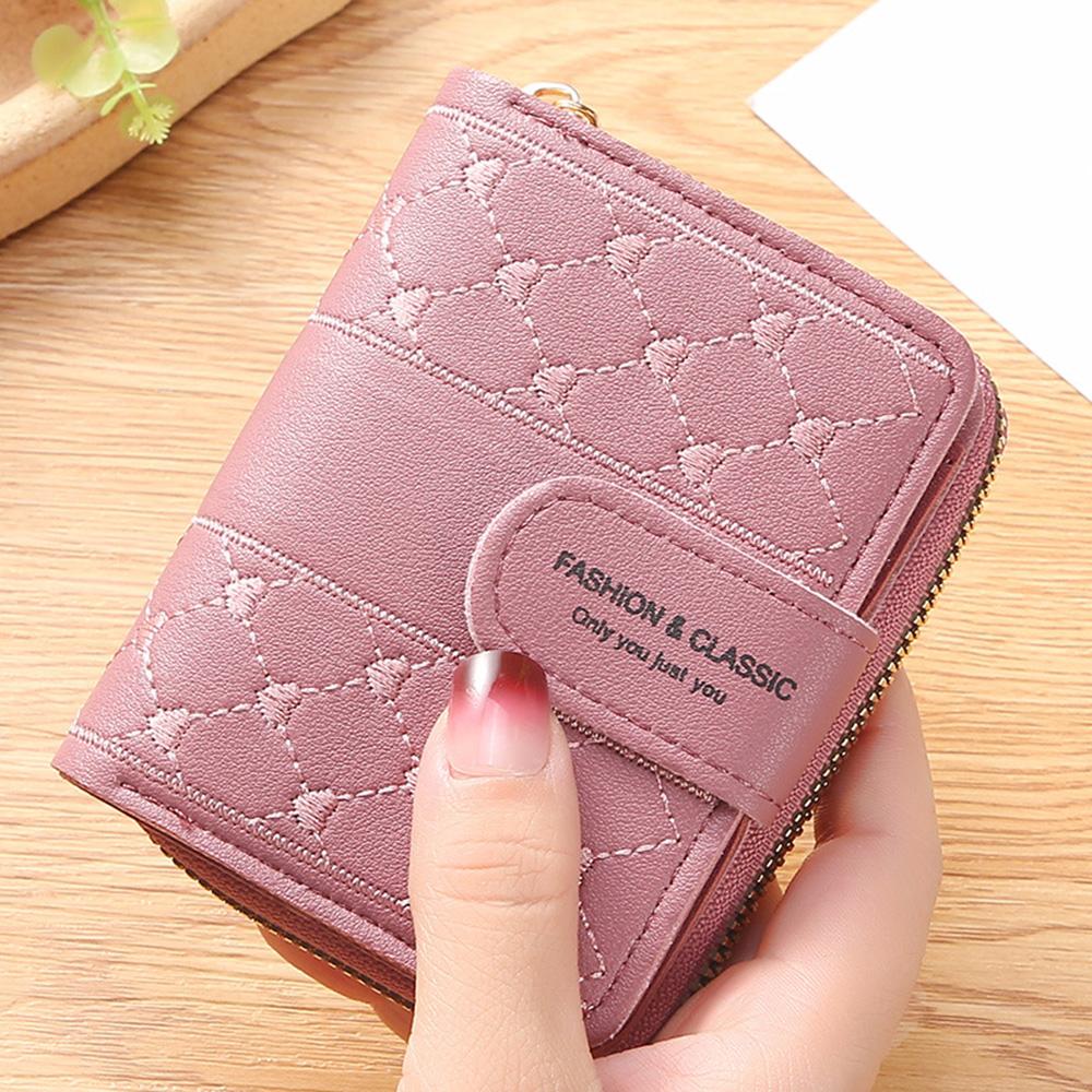 1Pc Women Wallets Embroidered Love Heart Short Wallet Fashion Ladies ID Card Holders Clutch Bag ID Holder Zipper Snap Coin Purse