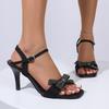Pink Bowtie Decor High Heels Sandals for Women Shiny Sequin Thin Heeled Party Shoes Plus Size Ankle Buckle Square Toe Sandals