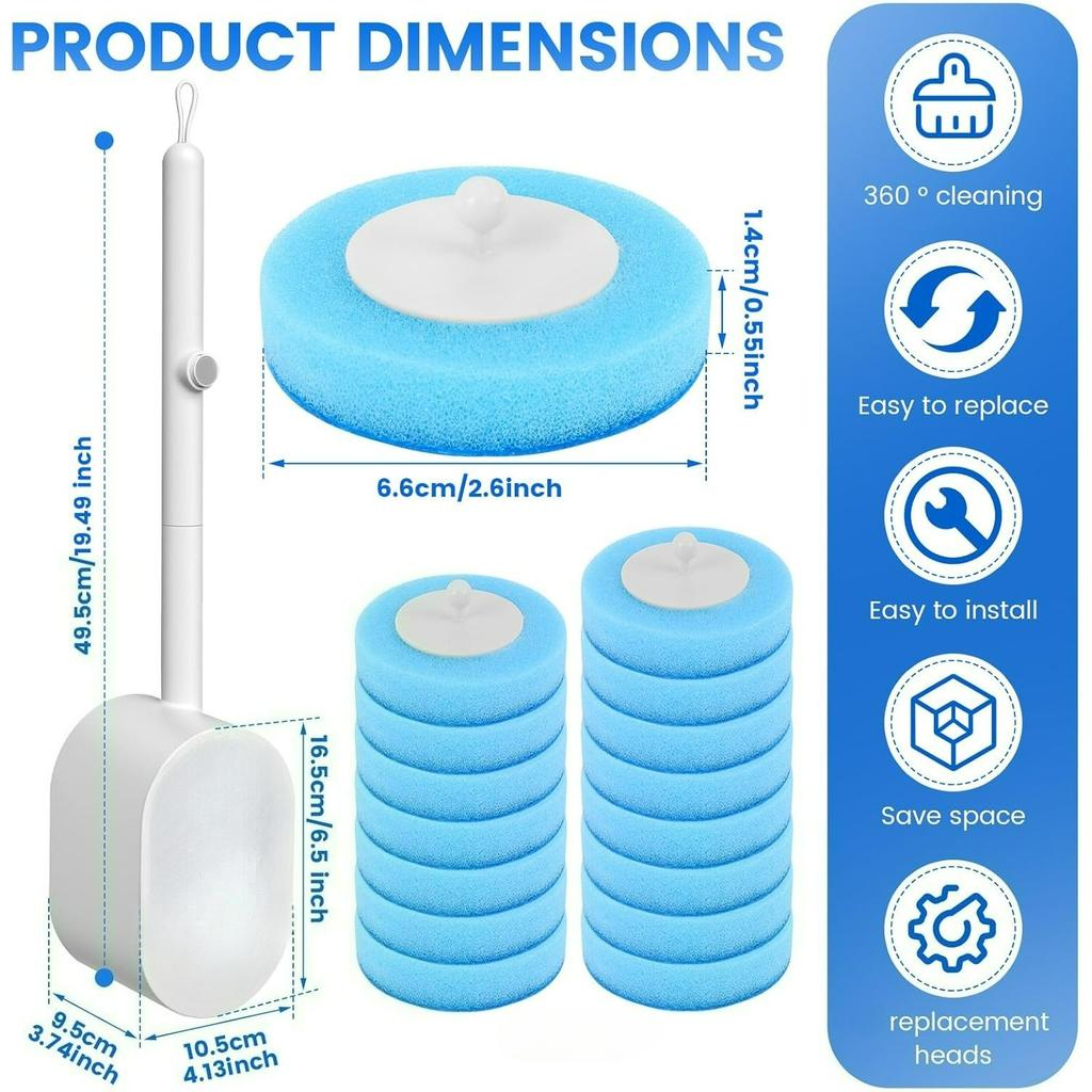 Toilet Brush with 16 Refill 43cm Long Handle Toilet Brush with Wall Mounted Holder 360° Deep Cleaning Toilets Scrubber Kit for Bathtub Sink Tile Wash
