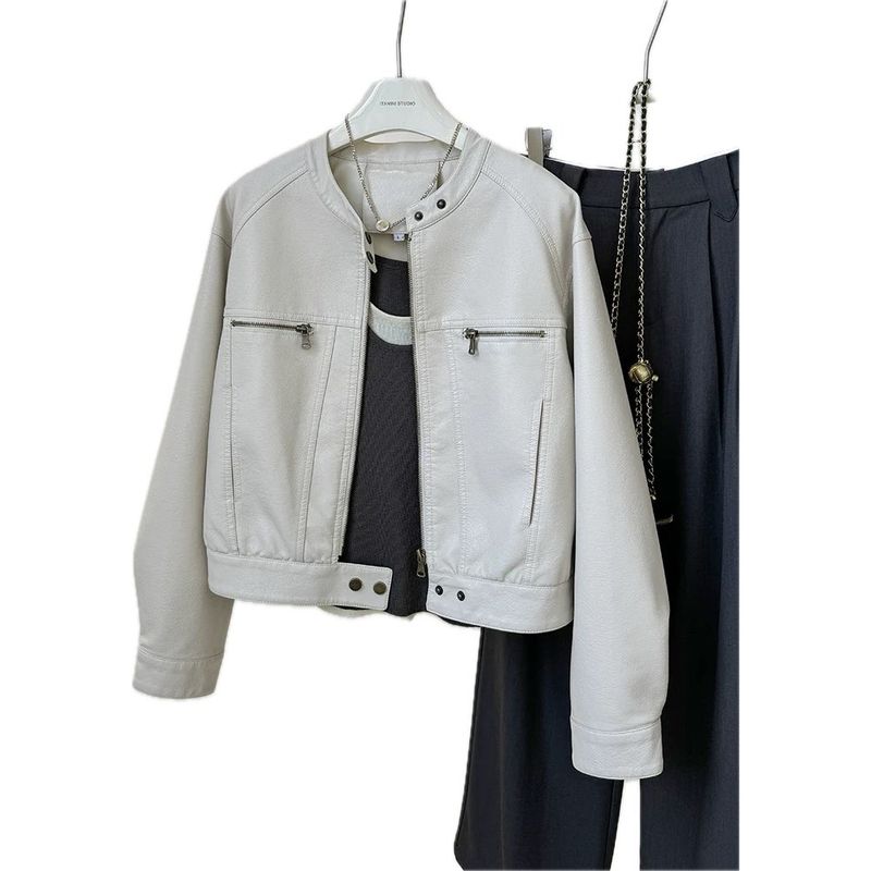 

Korean Style Motorcycle Clothing Short Leather Coat Outerwear Women 2025 New Spring and Autumn Small Stand Collar Fashion PU Leather Jacket Beige White S