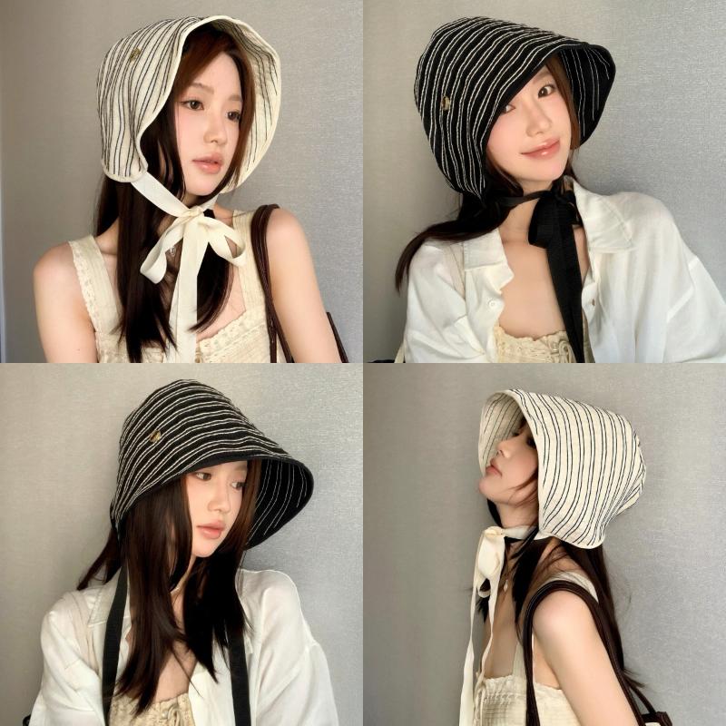 Ribbon Women Striped Fisherman Hat Wide Brim Foldable Summer Sun Hat Sun Protection Solid Color Sunshade Hat