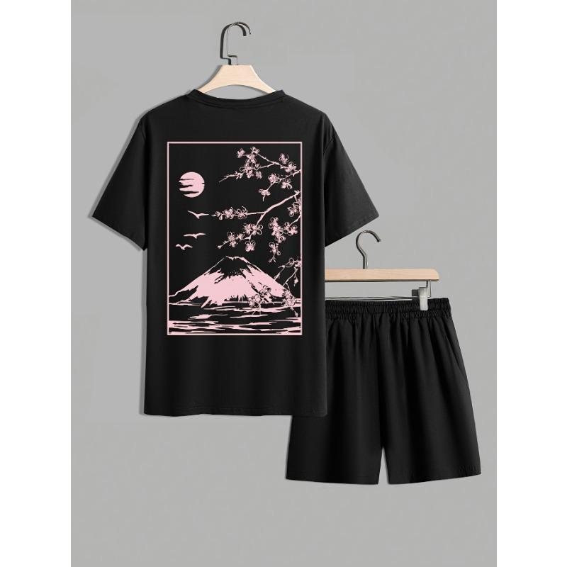 

Men s Summer Casual 2-Piece Set: Landscape Print T-Shirt and Loose Drawstring Shorts - Breathable Polyester, Crew Neck XL