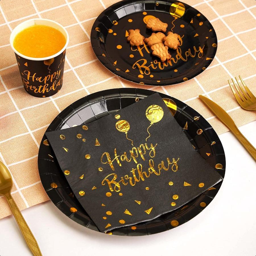 200 Pieces of Black and Gold Birthday Party Supplies Disposable Happy Birthday Tableware Set Gold Plastic Knives Forks Spoons S