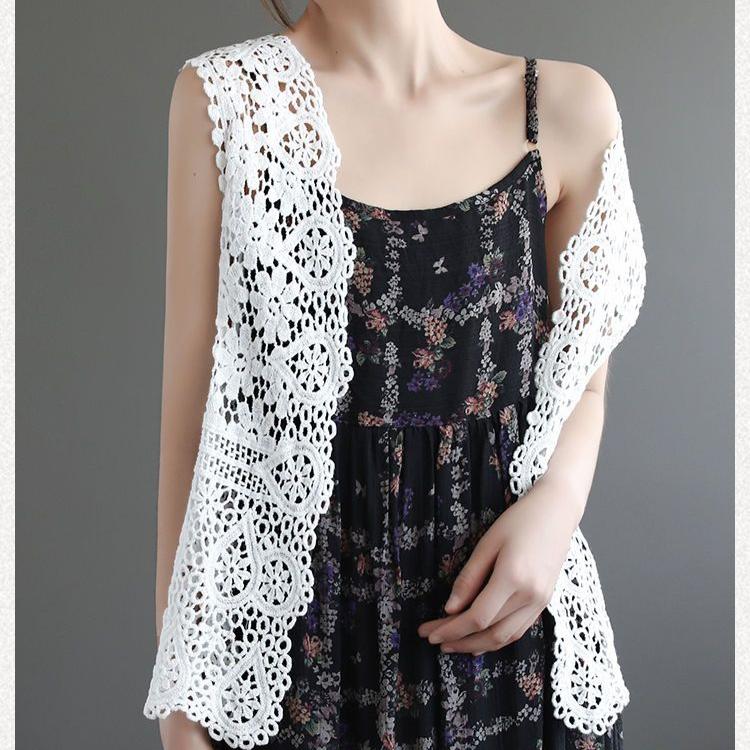 Summer Women Lace Vest Loose Cut-out Cardigan Vest Bohemian Style Cotton Woven Open Front Vest Thin Outwear