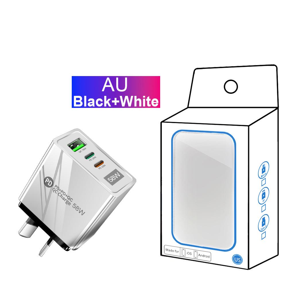 58W Dual Fast Charger with 2PD+QC3.0, Compatible with EU/US/UK Plugs.