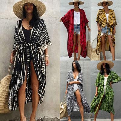 Dámské letní plážové převleky Vintage potištěné plavky s páskem Kimono s dlouhým svetrem Ležérní volné plážové oblečení oblečení návleky župan