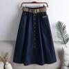 2025 Spring Summer Women Washed Cotton Elastic High-waist Skirt Pocket Belt Solid Long A-line Skirts Split Hem All-match Skirts