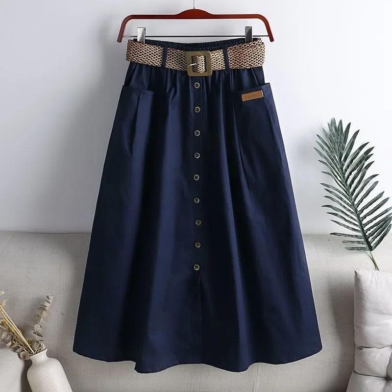 2025 Spring Summer Women Washed Cotton Elastic High-waist Skirt Pocket Belt Solid Long A-line Skirts Split Hem All-match Skirts