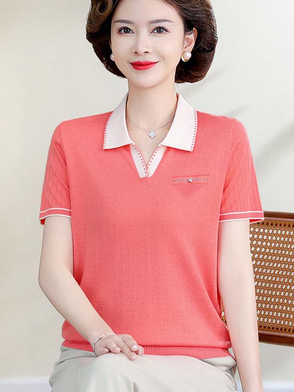 Stylish Embroidered Ice Silk Polo Shirt: Women's Color Block Short Sleeve Summer Tee