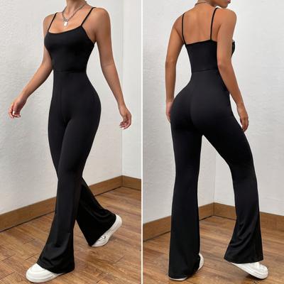 Damen-Sommer-Overall, rückenfrei, ärmellos, schmale Passform, einfarbig, quadratischer Ausschnitt, hohe enge Taille, ausgestellter Saum, weicher Spaghettiträger, Damen-Sport-Overall