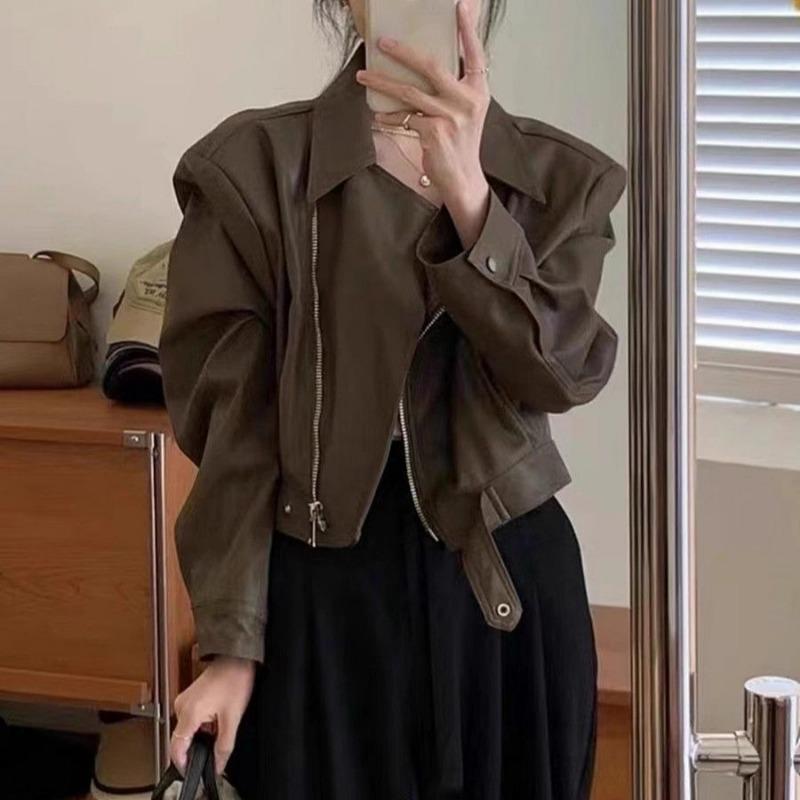 Autumn Winter Street Style Loose Casual Polo-neck PU Leather Zipper Jacket Women Y2K Hipster Cardigan Top Coat