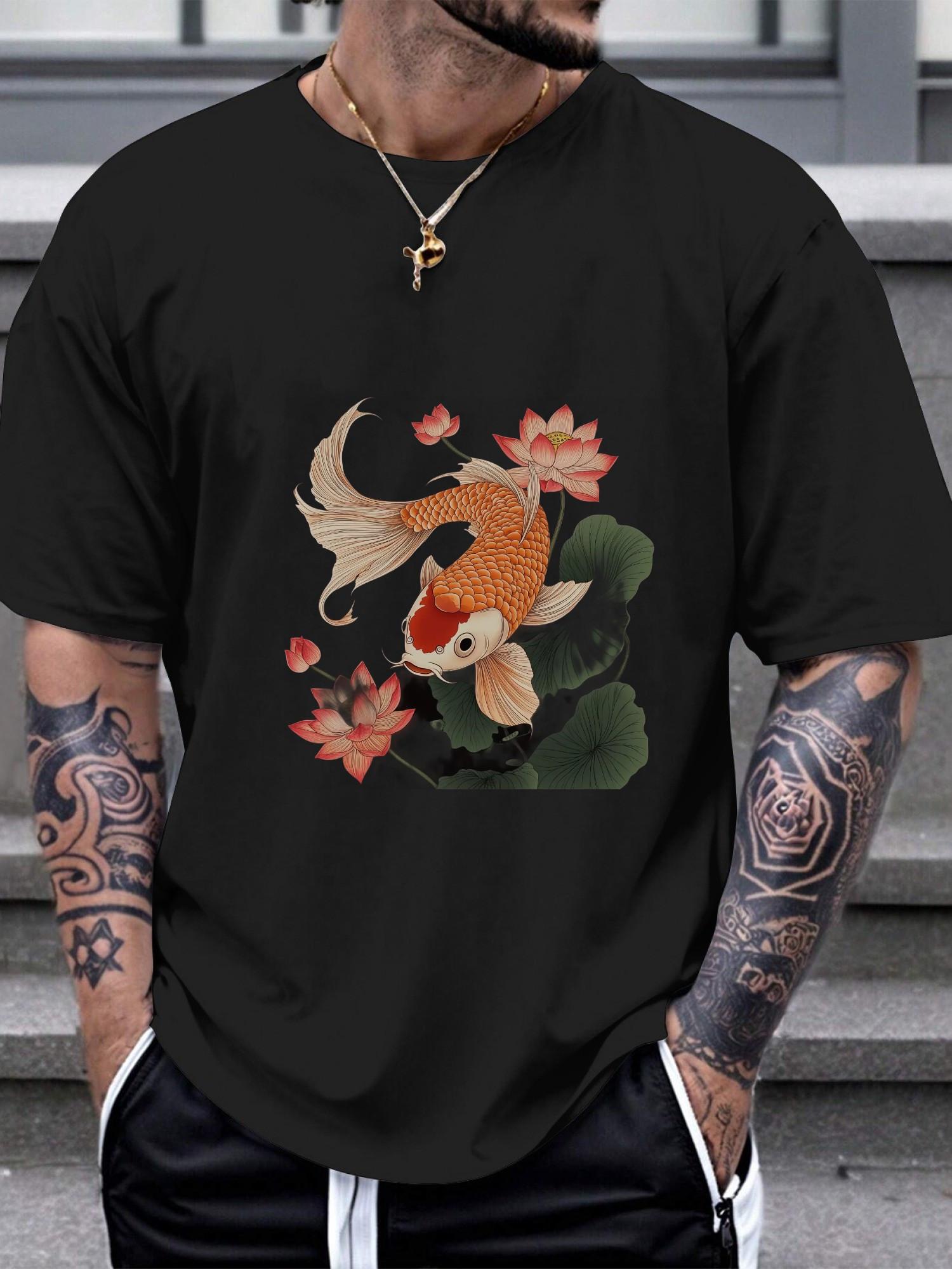 1pc Koi Fish Lotus Flower Black T-shirt L