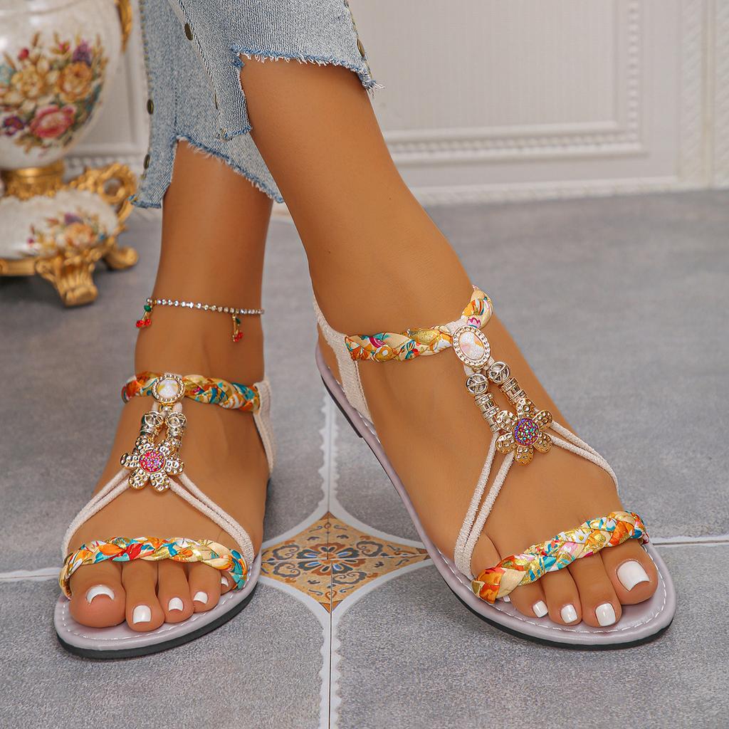 New Bohemian Summer Open-toe Sandals for Women, Large Size Beaded Trendy Round-toe Beach Sandals