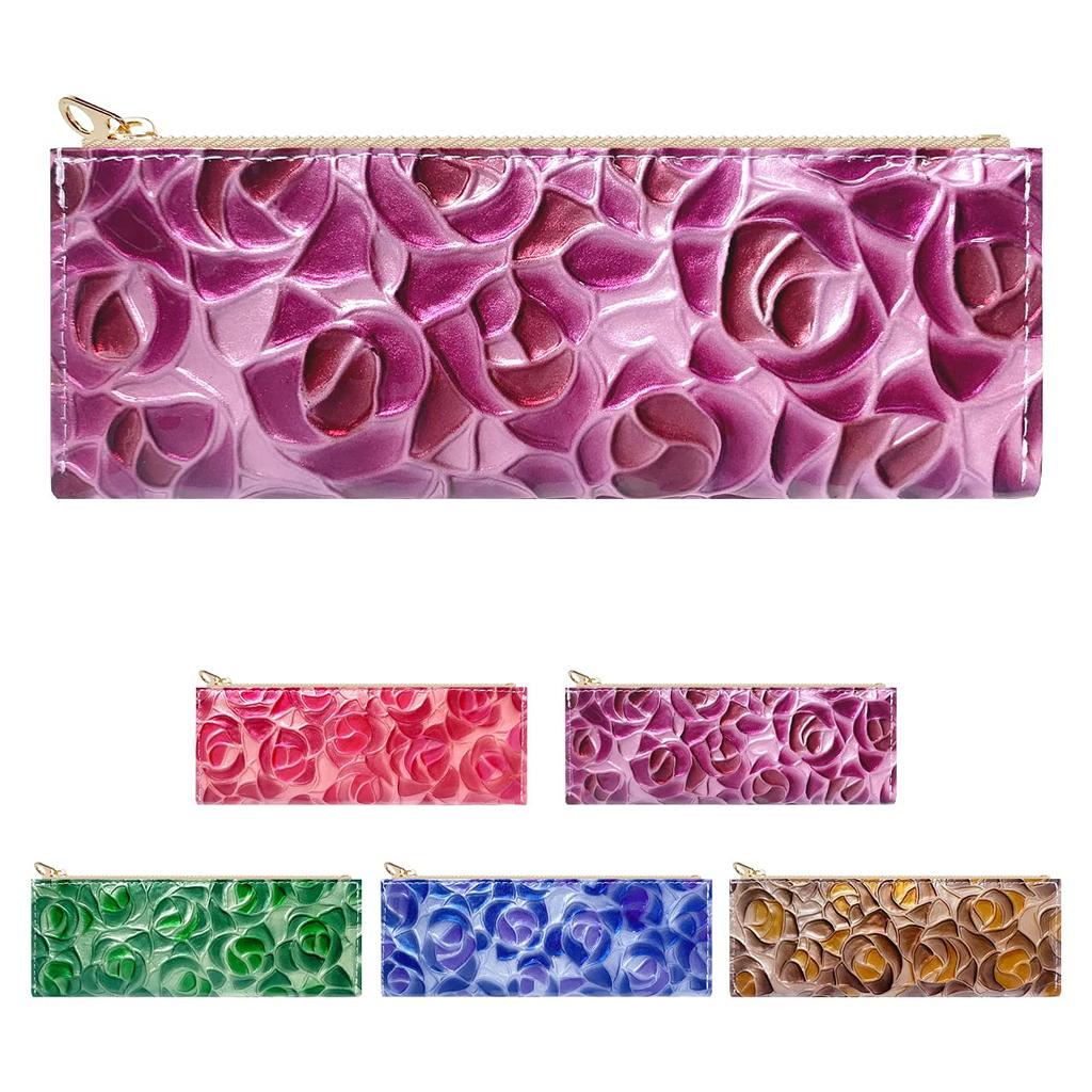 Genuine Leather Pencil Case with a Embossed Rose Perfect for Features a Rose Motif and Purple Slim, Compact, Simple, Design. Women. Stained-glass