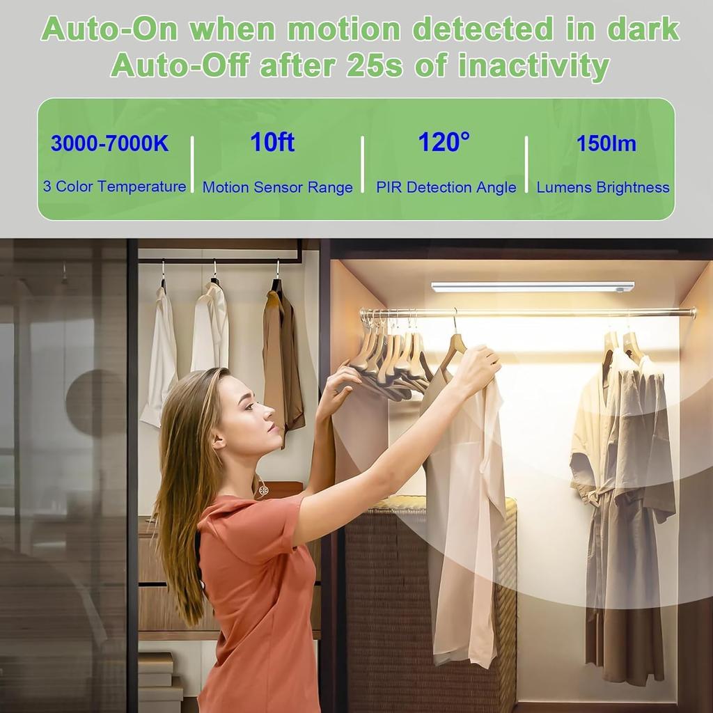 3 Color Tempers Dimmable Under Cabinet Lights Wireless[2 Pack], Rechargeable LED Motion Sensor Lighting Indoor, Magnetic Closet Lights (Silver-2