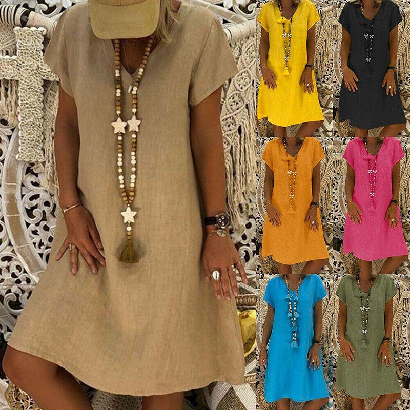 Stylish Summer Women's Short Sleeves V-neck Tunic Midi Dress For Plus Size Fashion