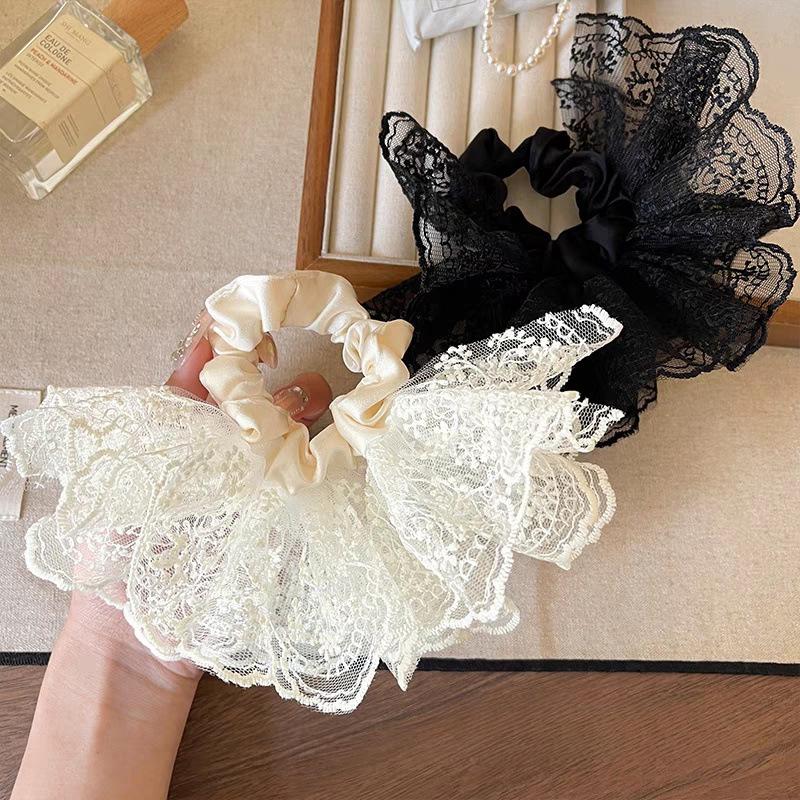 

2PCS Style Light Luxury Double Layer Skirt with Lace Lace Lace and Large Intestine Headband New Pleated Head Flower Hair Rope