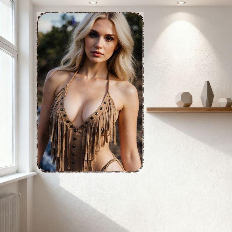 Vintage Retro Blonde Frau mit gewelltem Haar Fransen-Neckholder-Oberteil Metallblechschild für Heimbar Man Cave Dekoration