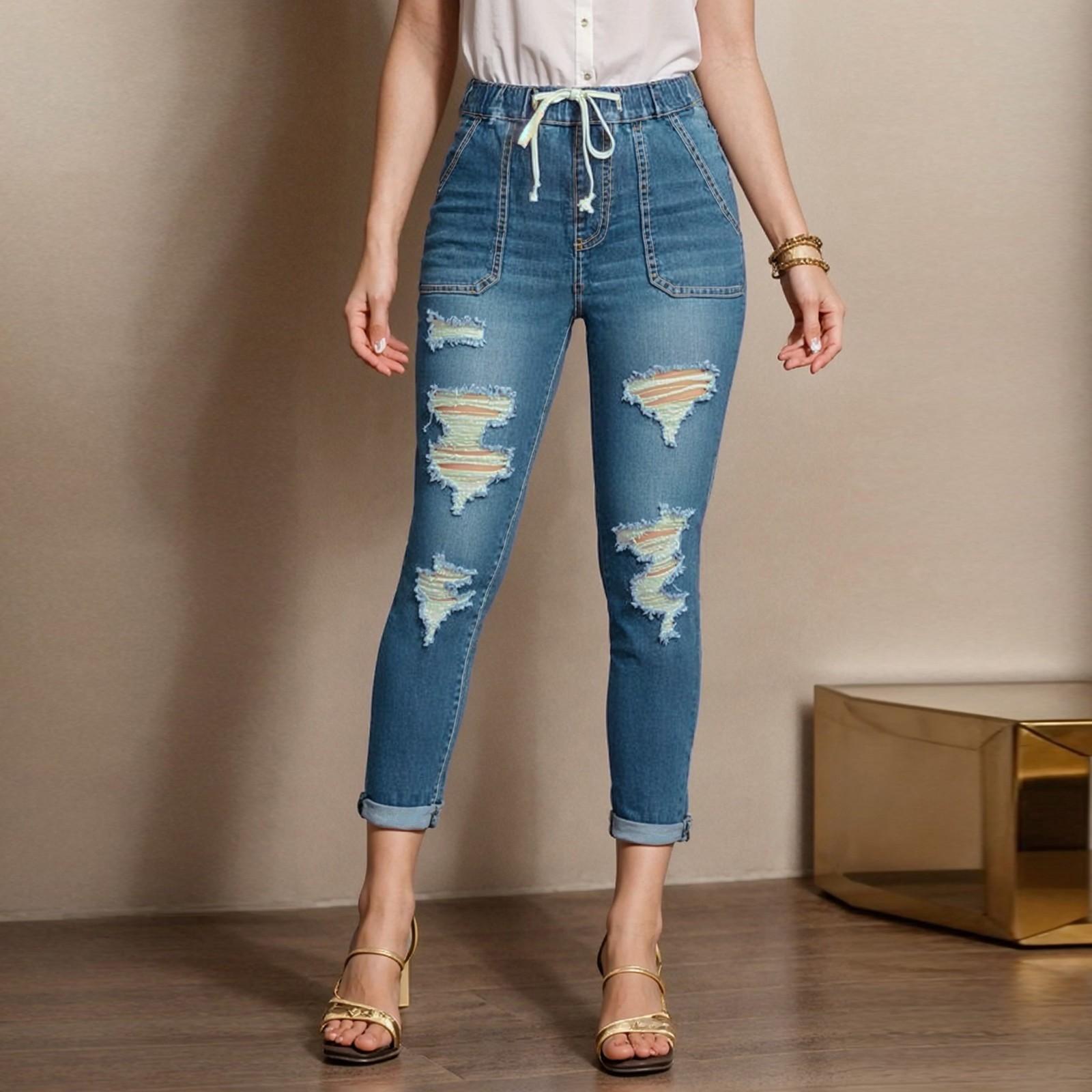 

Women s Skinny Ripped Trendy Jeans Distressed Stretchy Denim Pants Elastic Waist Drawstring Denim Trousers M
