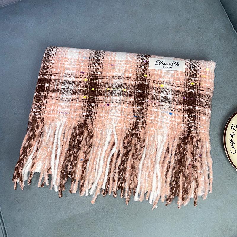 Korean Style Plaid Mohair Scarf - Women's Winter Imitation Cashmere Shawl