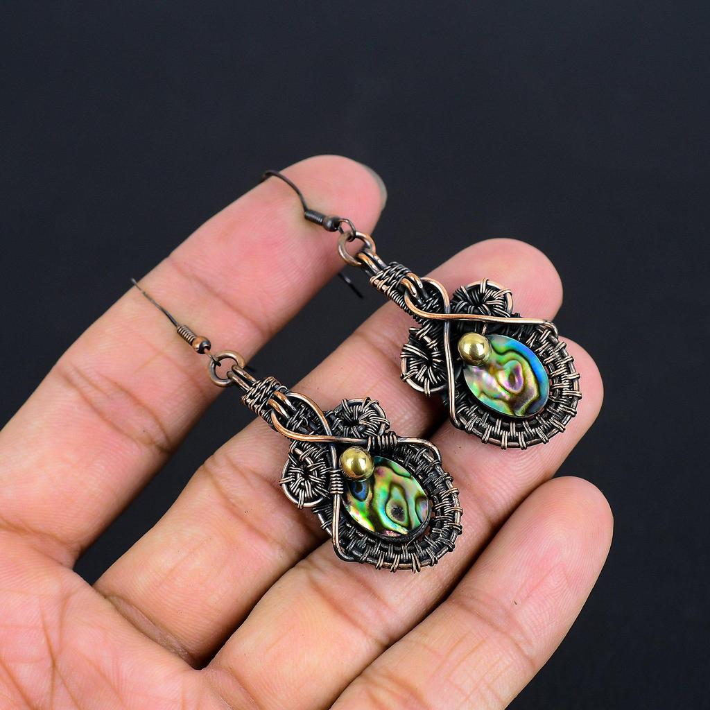 Abalone Shell 999 Copper Wire Wrapped Earrings, Handmade Gemstone Earrings Jewelry, Gifts For Wife Brand New Earrings