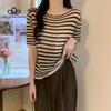 Summer New Hollow Striped Short-sleeved Knitted Top All-match Slim T-shirt Woman Fashion Casual T-shirt