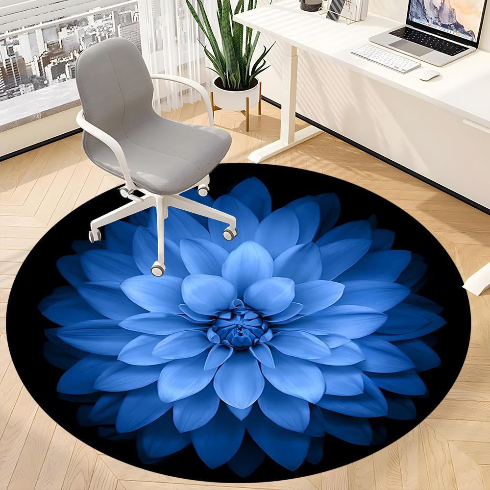 1 Stück Blauer Dahlien Teppich, Runder Rutschfester Langlebiger Großer Büroteppich, Geeignet für das Büro