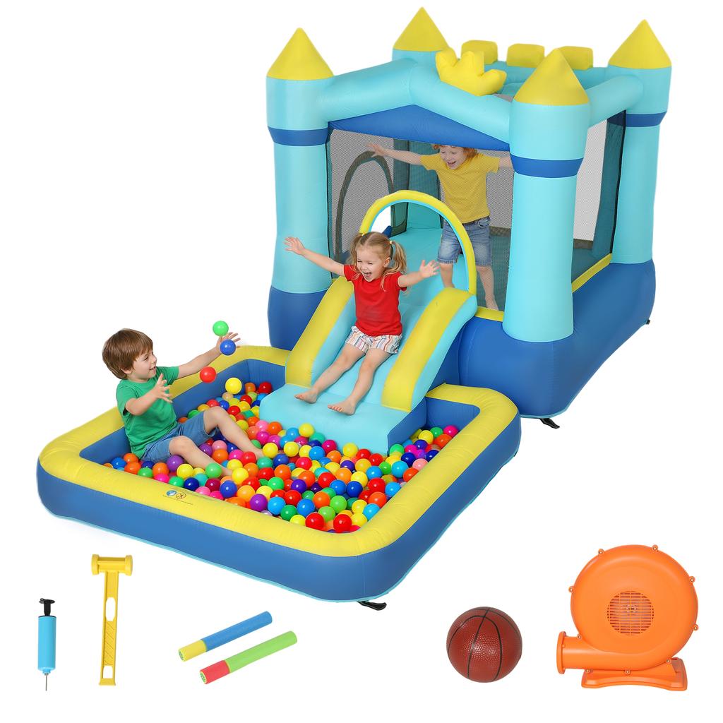 Inflatable Bounce House Play Center with Blower Slide Trampoline Splash Pool/Ball Pit Water Gun 364x173x182 Cm Blue