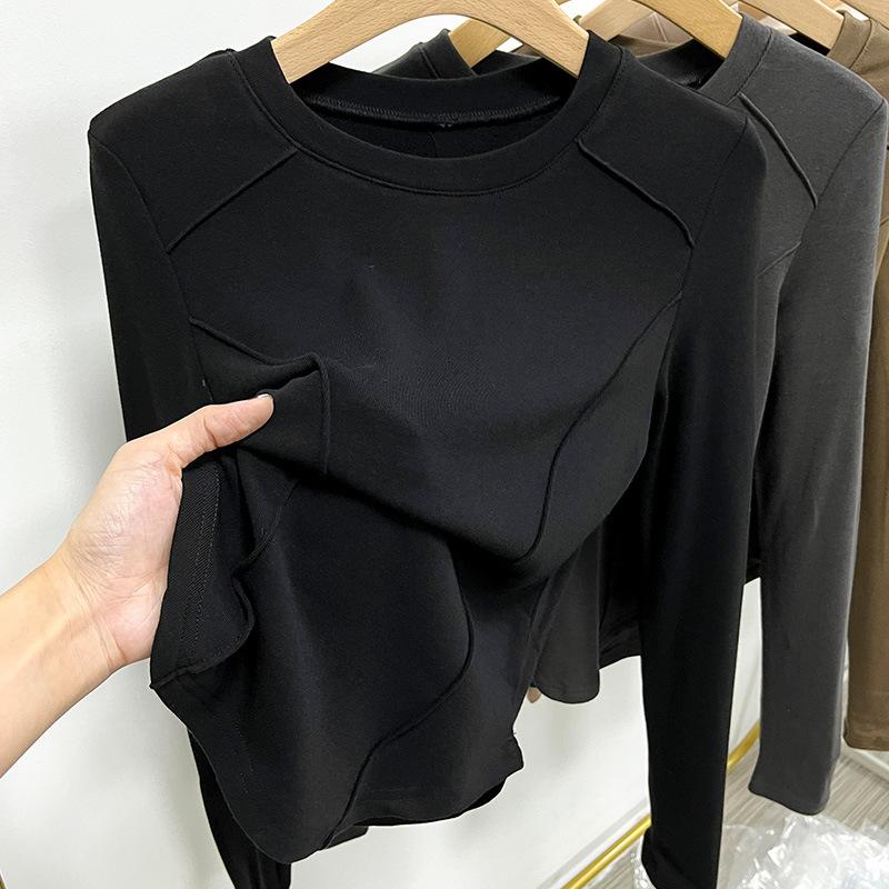 European autumn and winter polished thickened bottoming shirt women's long-sleeved inner shoulder T-shirt women's slim design thin velvet top